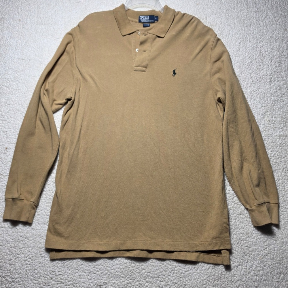 Polo Ralph Lauren Mens Long Sleeve Pique Polo Shirt Tan Brown Large